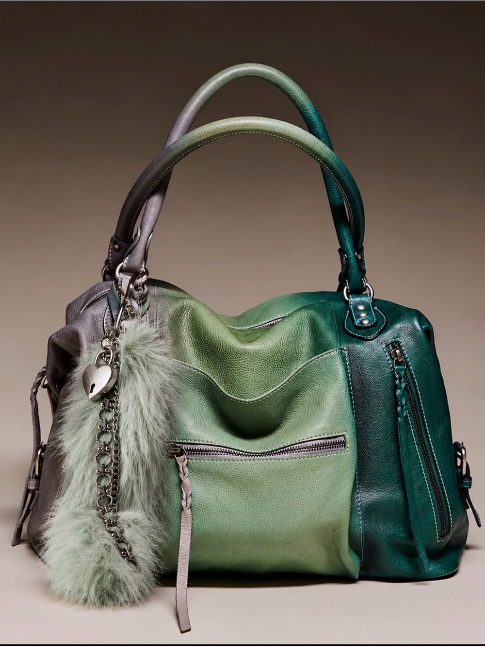 Free People Green Ombre Leather Shoulder Bag with Fur Charm